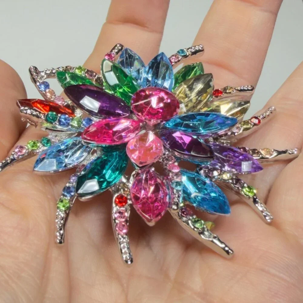 Flower Brooch Multicolor Rhinestone Statement Pin Large Crystal Floral 2.75”